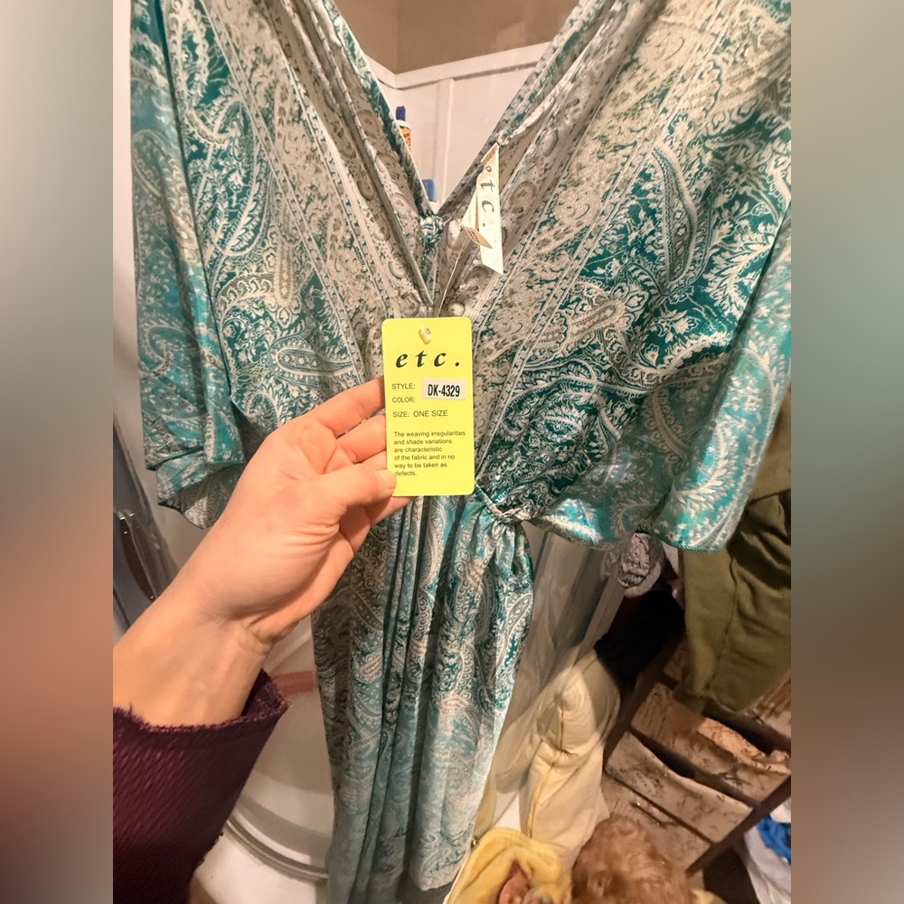 ETC Lazy Daisy Teal and White Paisley V-Neck Dress - Picture 3 of 7